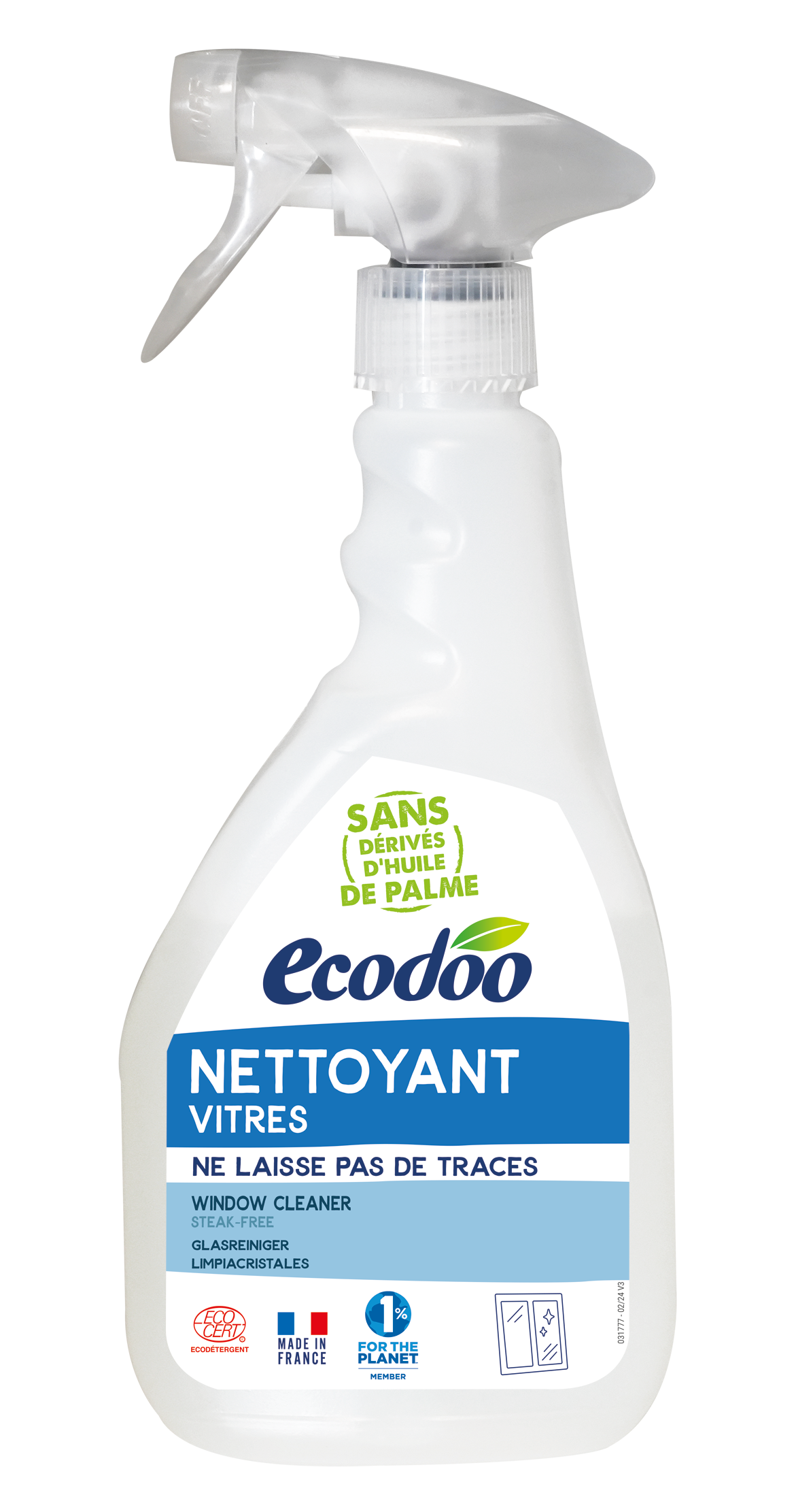 Ecodoo Glasreiniger bio 500ml bottle of eco-friendly glass cleaner with spray nozzle for cleaning windows and mirrors.