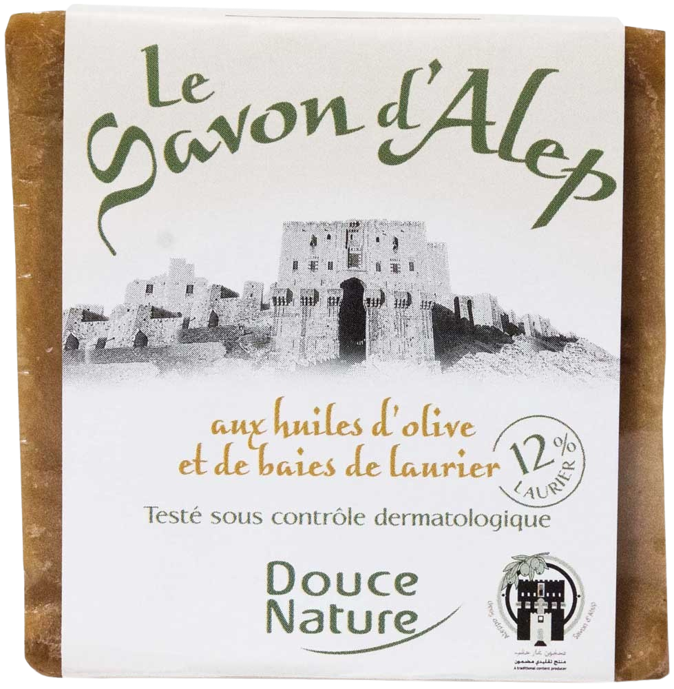 Douce Nature Zeep Aleppo blok with 12% olive oil, natural bio soap in a 200g rectangular block.