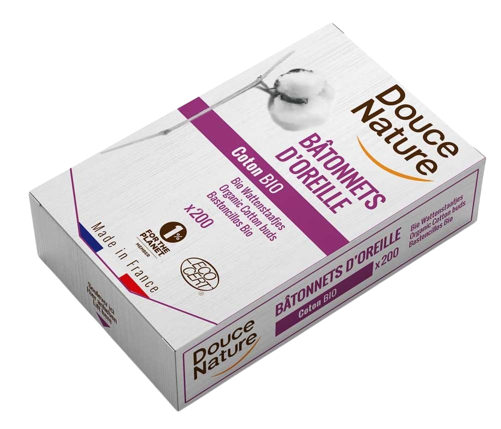 Douce Nature bio katoen wattenstaafjes for wound care, 200 pieces, natural cotton swabs in a clear plastic container.