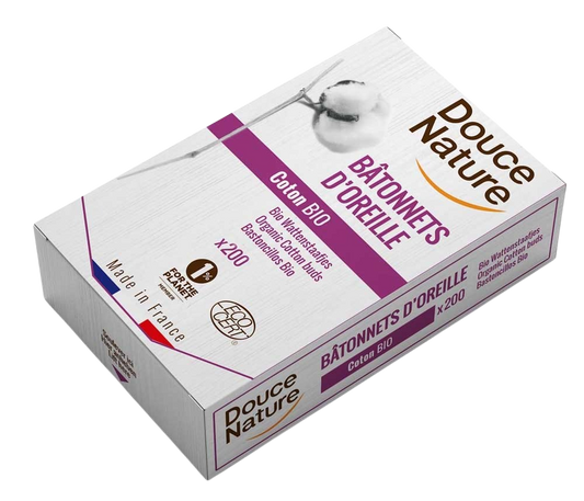 Douce Nature bio katoen wattenstaafjes for wound care, 200 pieces, natural cotton swabs in a clear plastic container.