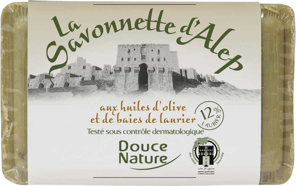 Douce Nature Aleppo soap bar with 12% olive oil, natural soap made of 100g, traditional Aleppo soap for cleansing and skincare.