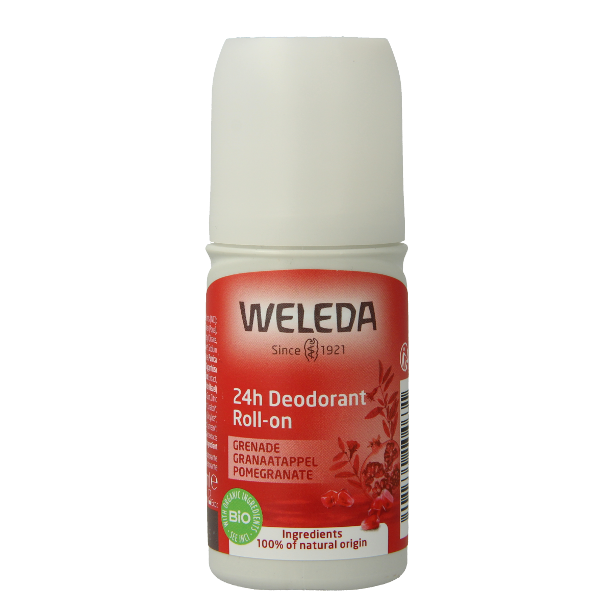 Weleda Granaatappel 24h roll-on deodorant bottle, 50ml, with a clear container and white cap showing the product and branding.