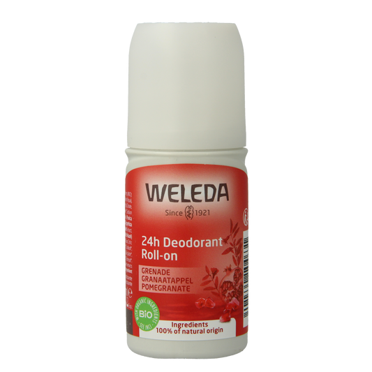 Weleda Granaatappel 24h roll-on deodorant bottle, 50ml, with a clear container and white cap showing the product and branding.
