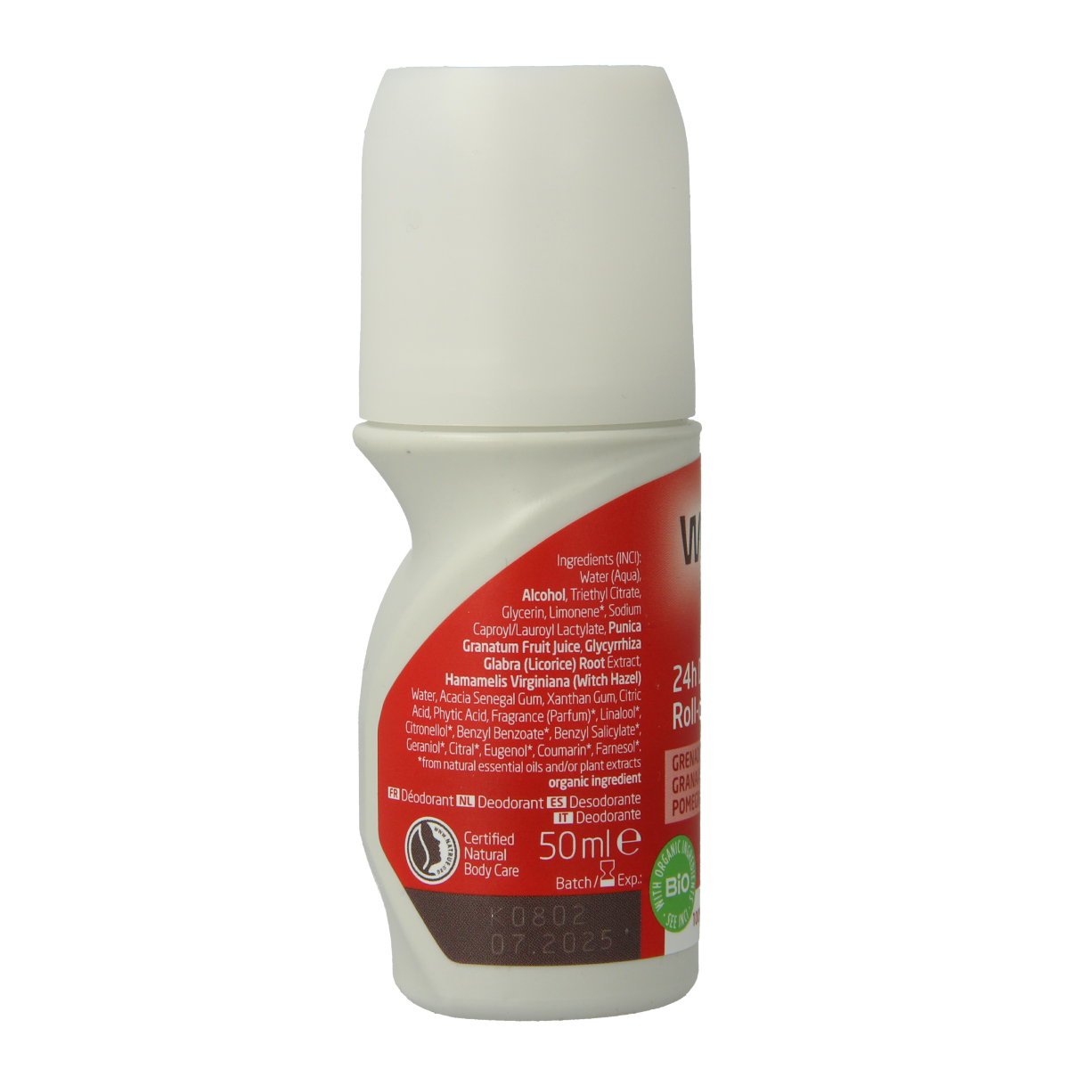 Weleda Granaatappel 24h roll-on deodorant in 50ml bottle, natural skincare product with orange-red label and transparent cap.