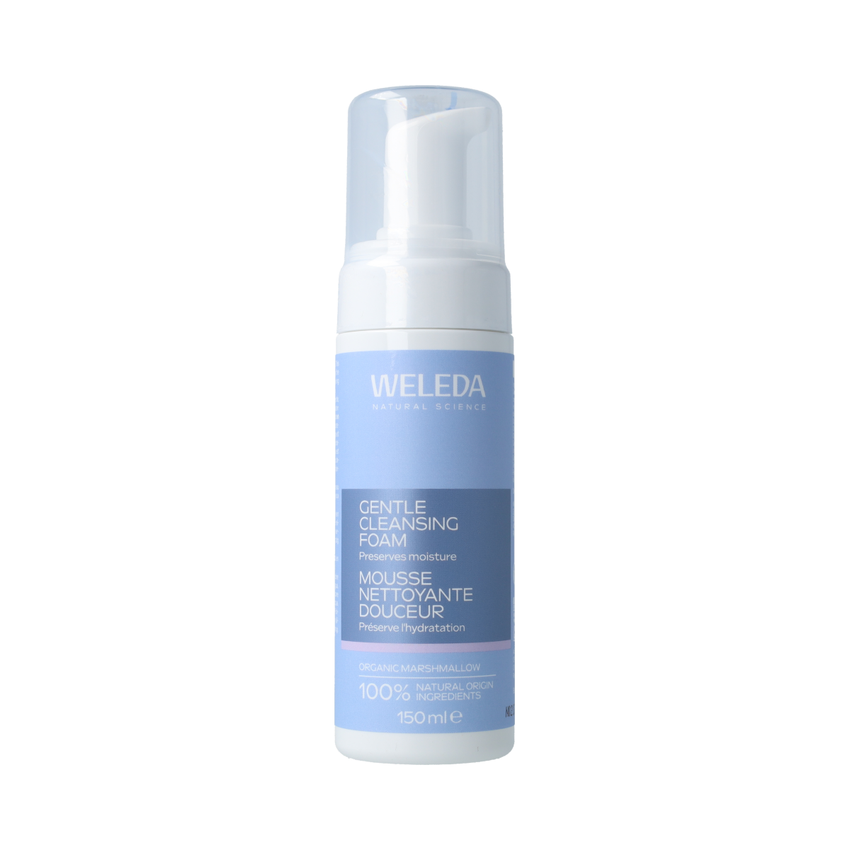 Weleda mild bio cleansing foam for face, 150ml, with gentle, natural ingredients in a pump bottle.