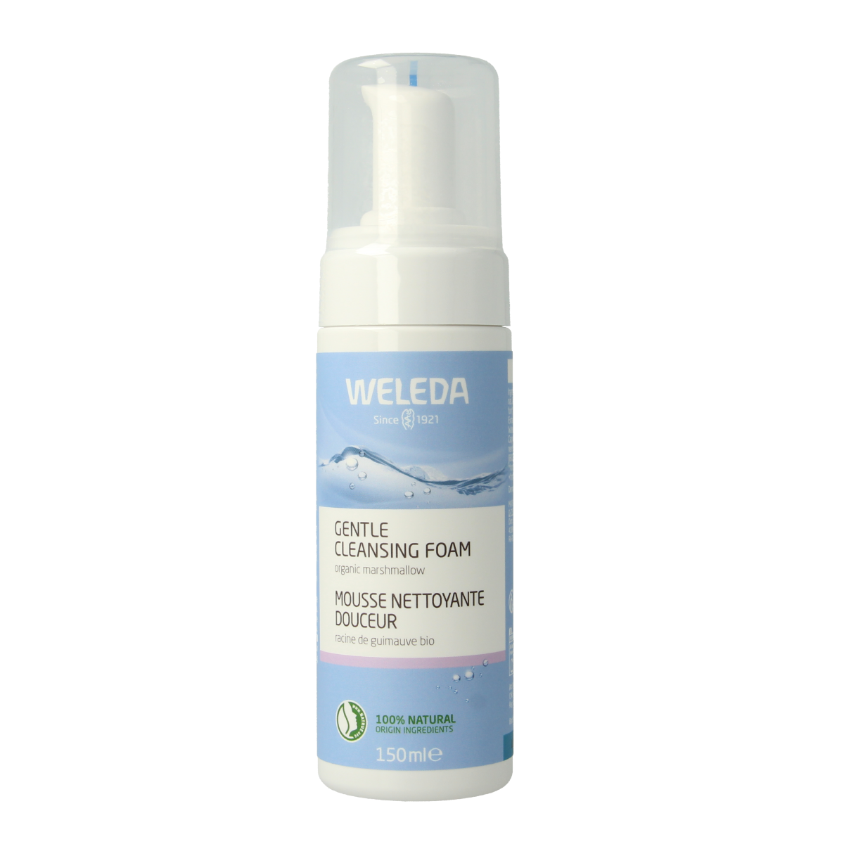 Weleda mild bio cleansing mousse for face, 150ml bottle with pump, gentle facial skincare product.