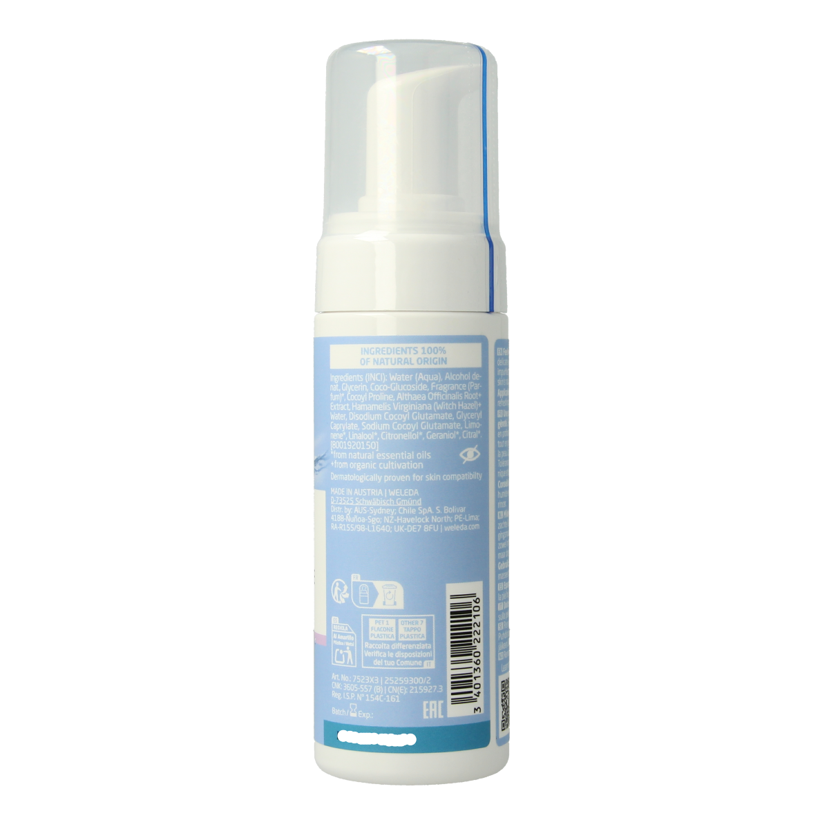 Weleda mild organic cleansing foam for face, 150ml, gentle facial skincare product with a foaming texture.