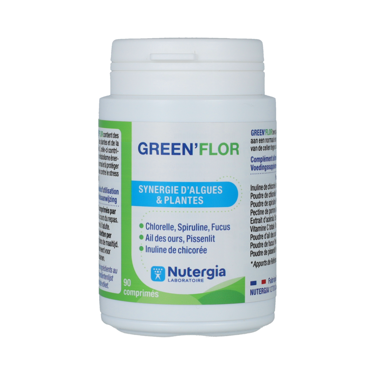 Nutergia Green Flor herbal supplement tablets showing a close-up of the green tablets in a container.