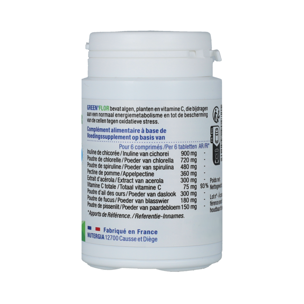 Nutergia Green Flor herbal supplement in a bottle of 90 tablets, natural herbal remedy from Nutergia, with green packaging.