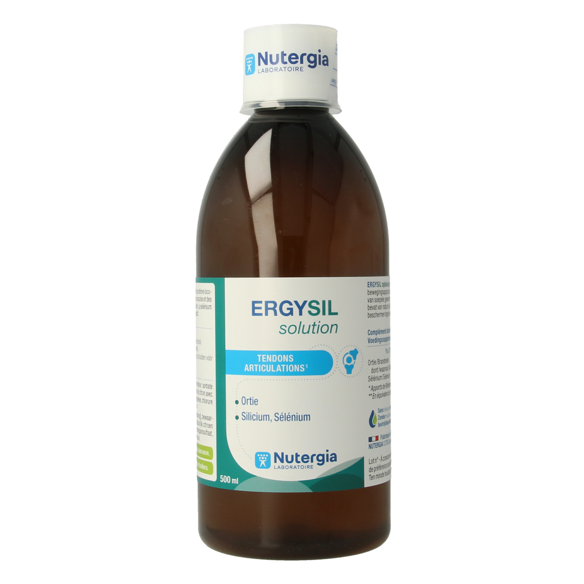 Nutergia Ergysil herbal supplement solution in a 500ml bottle, featuring natural herbal ingredients for wellness.