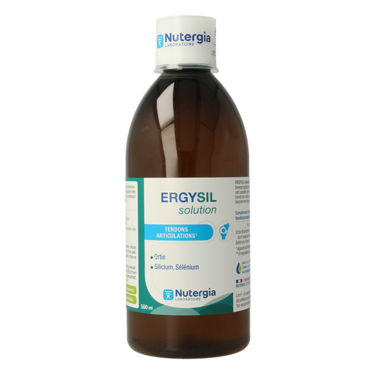 Nutergia Ergysil herbal supplement solution in a 500ml bottle, featuring natural herbal ingredients for wellness.