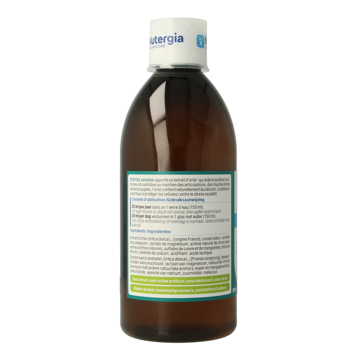 Nutergia Ergysil herbal preparation in a 500ml bottle, featuring a clear liquid solution for natural health support.