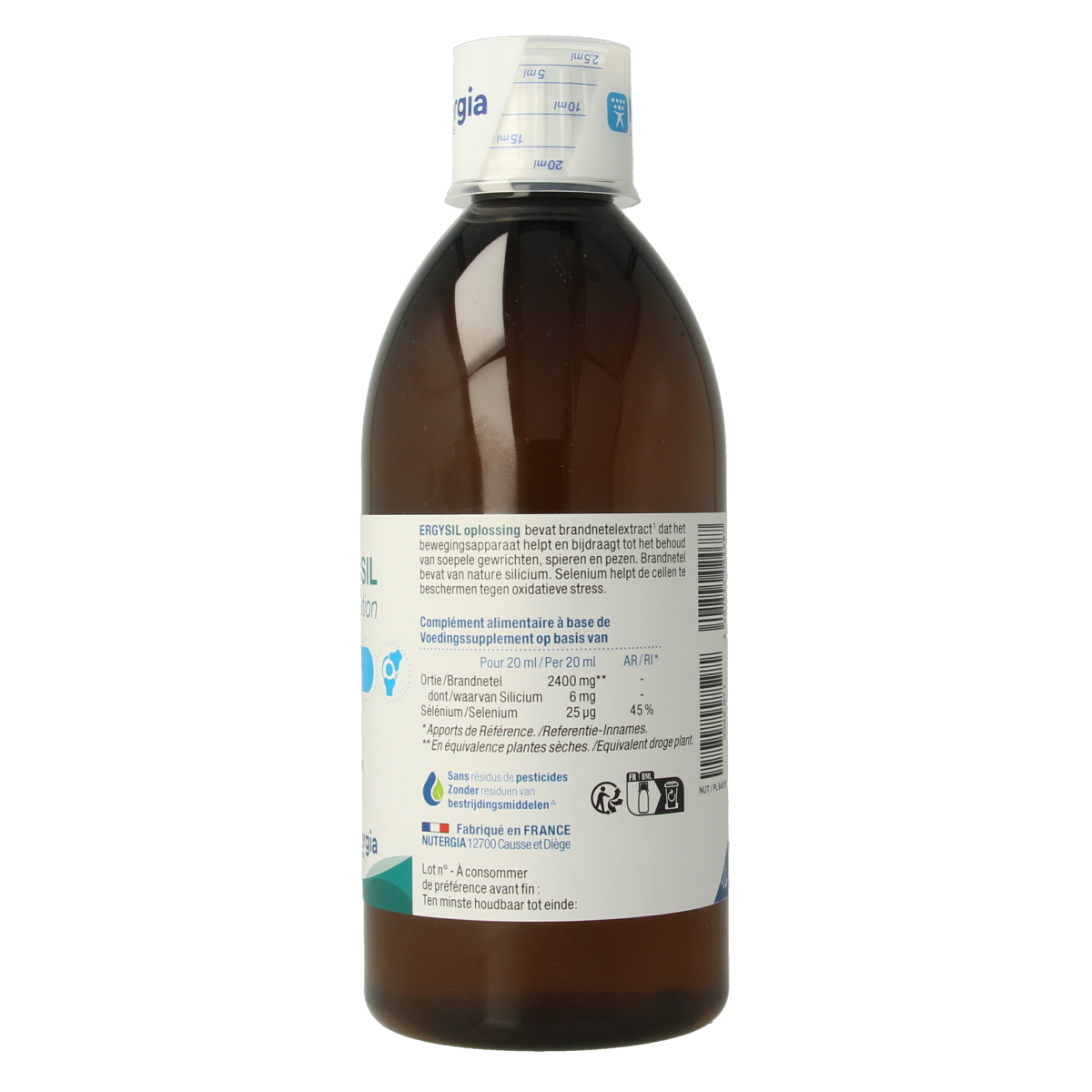 Nutergia Ergysil herbal solution bottle, 500ml, with label showing herbal ingredients and clear container.
