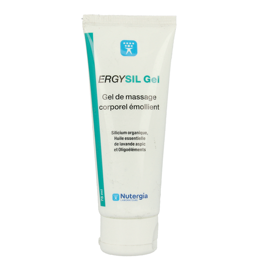 Nutergia Ergysil gel tube with 75ml of herbal supplement, showing the blue and white packaging and product label.
