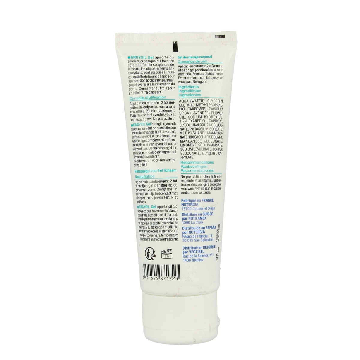 Nutergia Ergysil herbal gel tube, 75ml, featuring a white and green packaging with herbal illustrations.