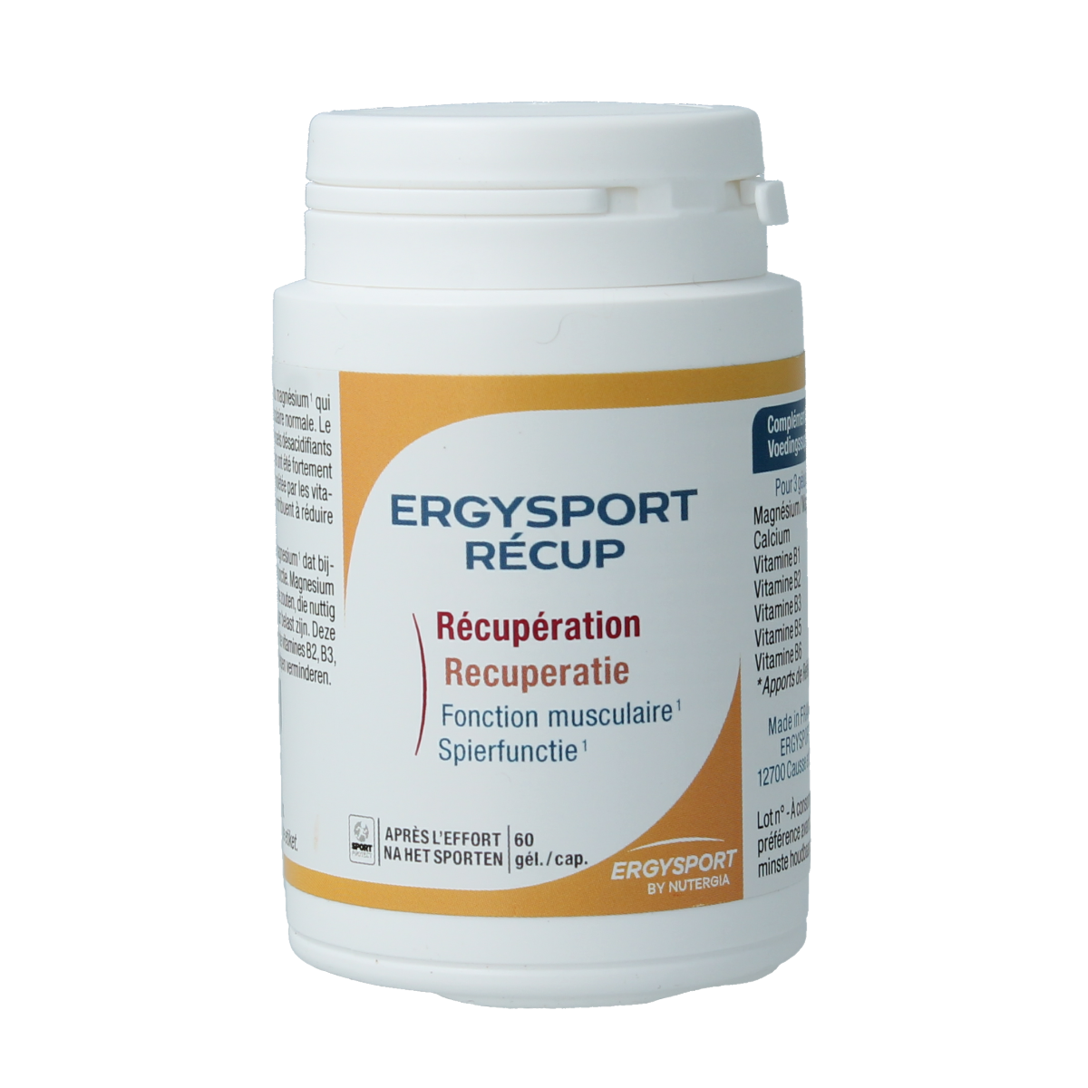 Nutergia Ergysport Recup mineral capsules in a bottle, showing the supplement's label and capsule details.