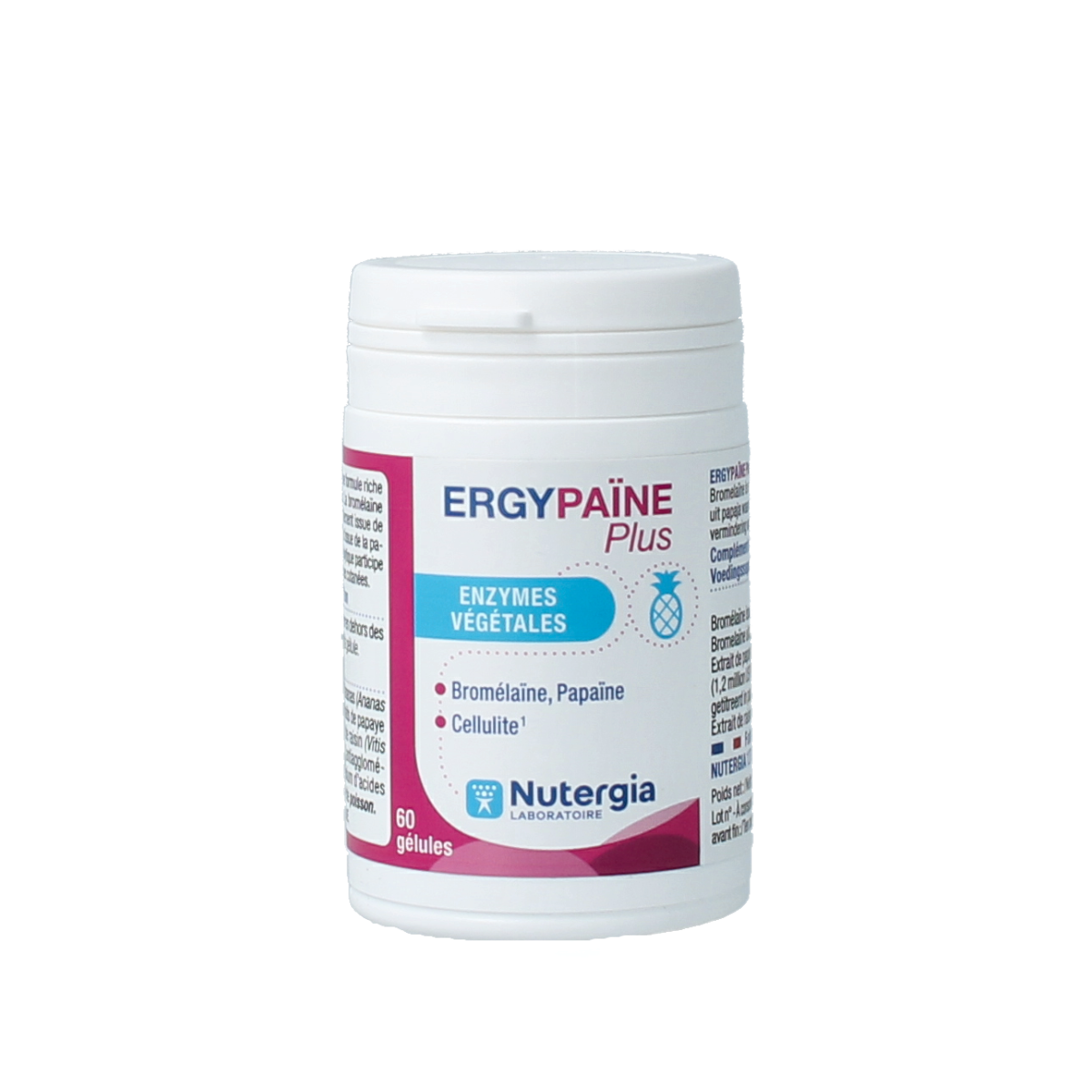 Nutergia Ergypaine Plus herbal supplement capsules, 60-count, in a clear bottle with label and capsules visible inside.