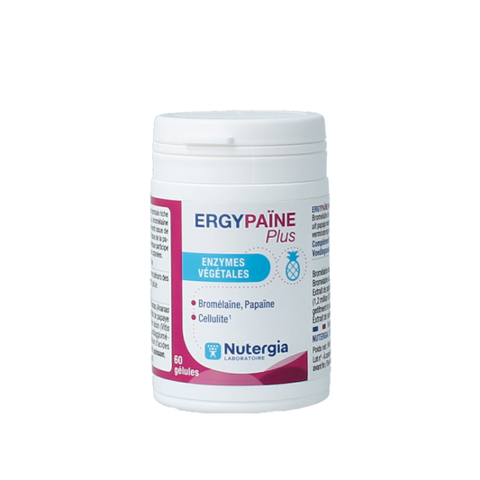 Nutergia Ergypaine Plus herbal supplement capsules, 60-count, in a clear bottle with label and capsules visible inside.