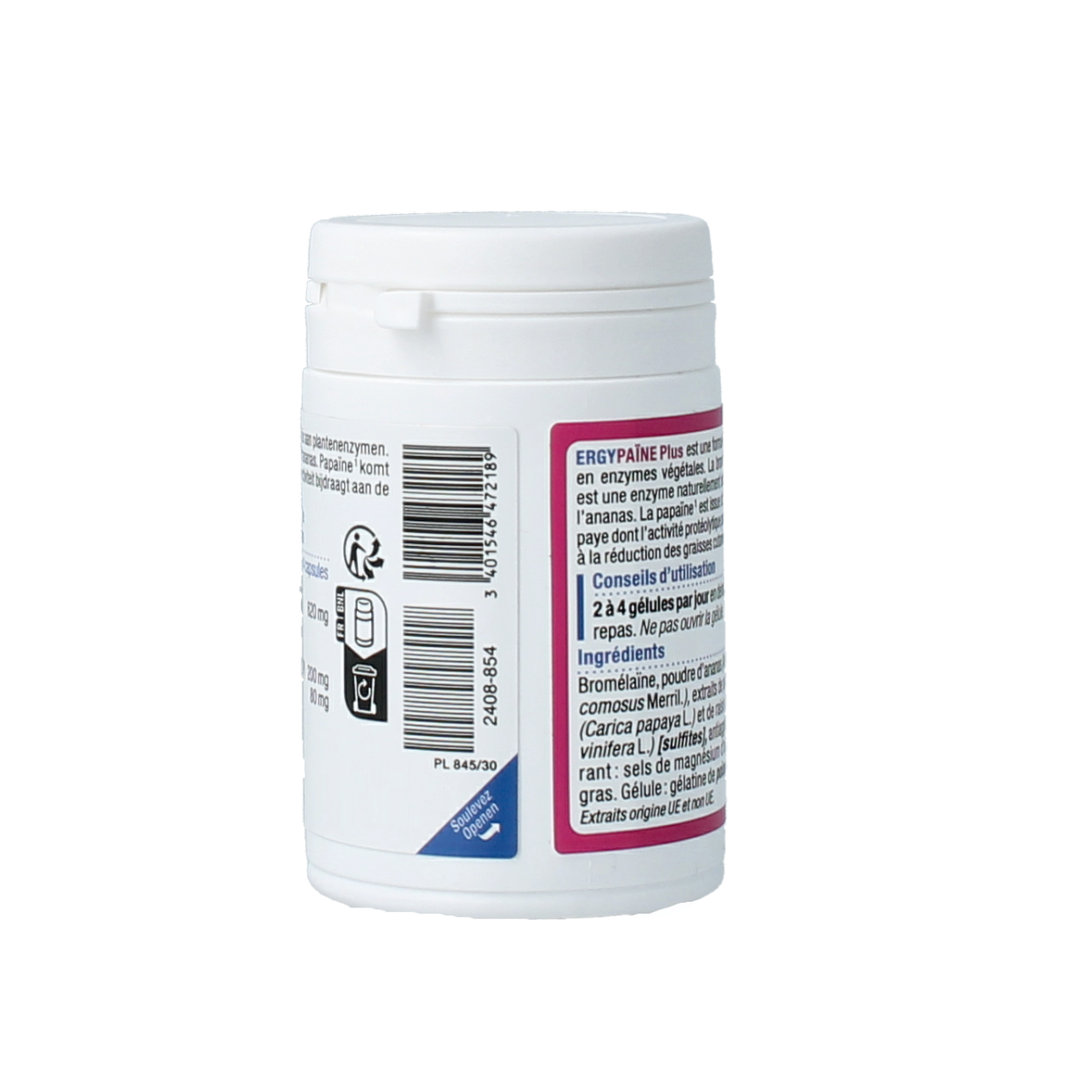 Nutergia Ergypaine Plus herbal supplement capsules, 60-count, showing the bottle and label with natural plant ingredients.