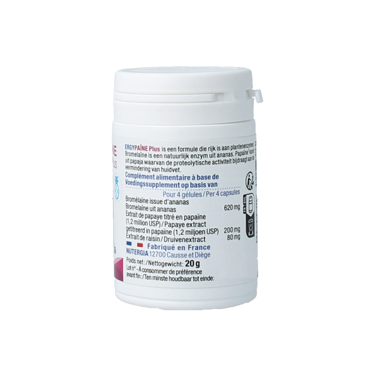 Nutergia Ergypaine Plus herbal supplement capsules in a bottle, designed for natural health support.