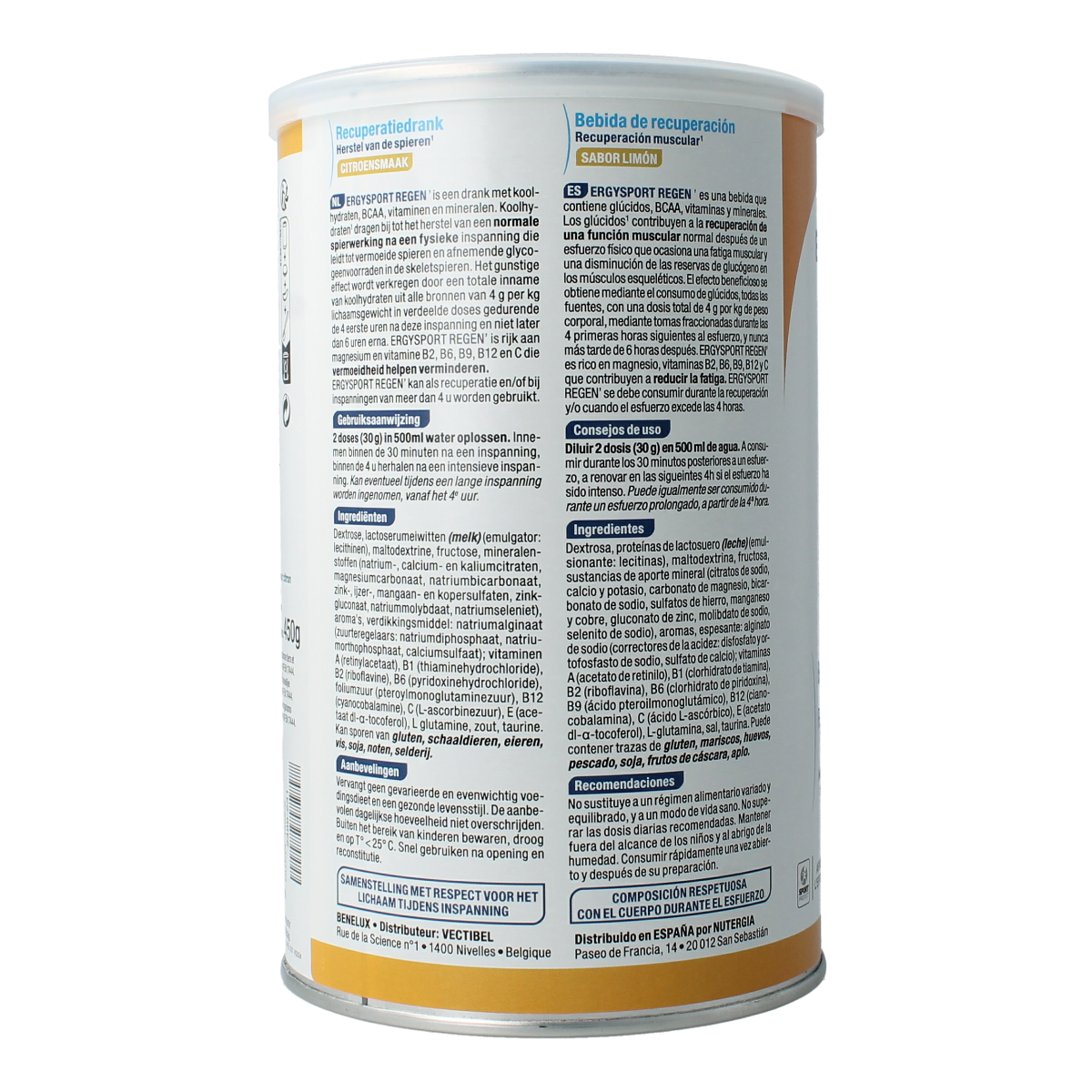 Nutergia Ergysport Regen Citroen amino acids supplement in a 450g container, featuring lemon flavor and dietary nutritional benefits.