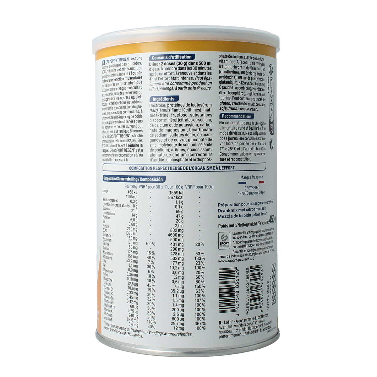 Nutergia Ergysport Regen Citroen amino acids supplement in a 450g container, designed to support sports recovery and performance.