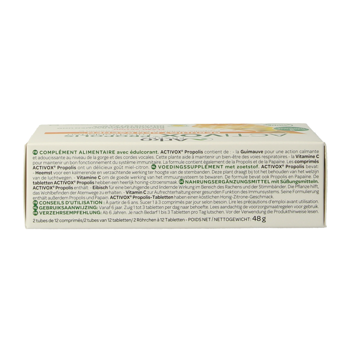 Activox Royal keel pastilles in a clear container, showcasing the herbal kruidpreparaten product with 24 pastilles inside.