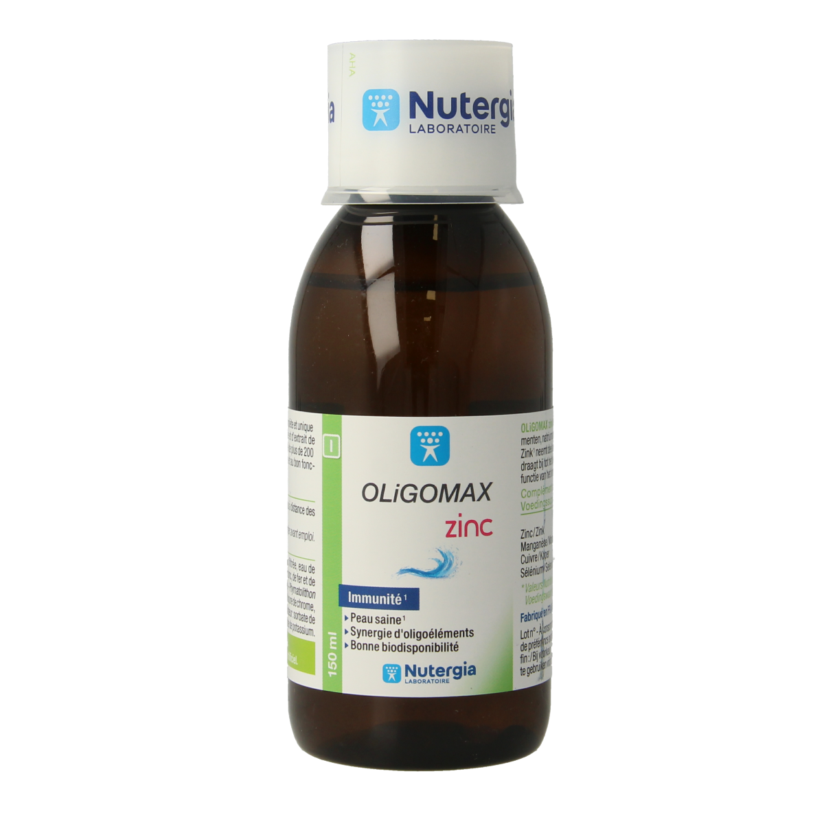 Nutergia Oligomax zinc mineral supplement in a 150ml bottle, featuring a clear label and cap, designed for mineral health support.