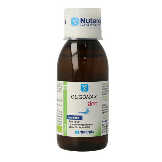 Nutergia Oligomax zinc mineral supplement in a 150ml bottle, featuring a clear label and cap, designed for mineral health support.