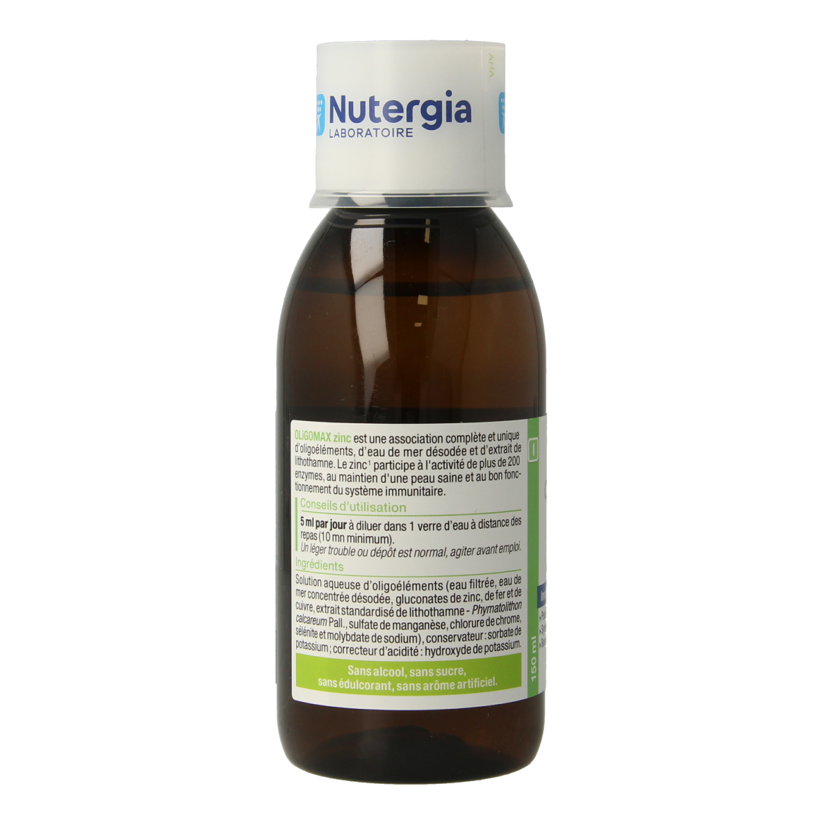 Nutergia Oligomax zinc mineral supplement bottle, 150ml, with label showing zinc content and health benefits.