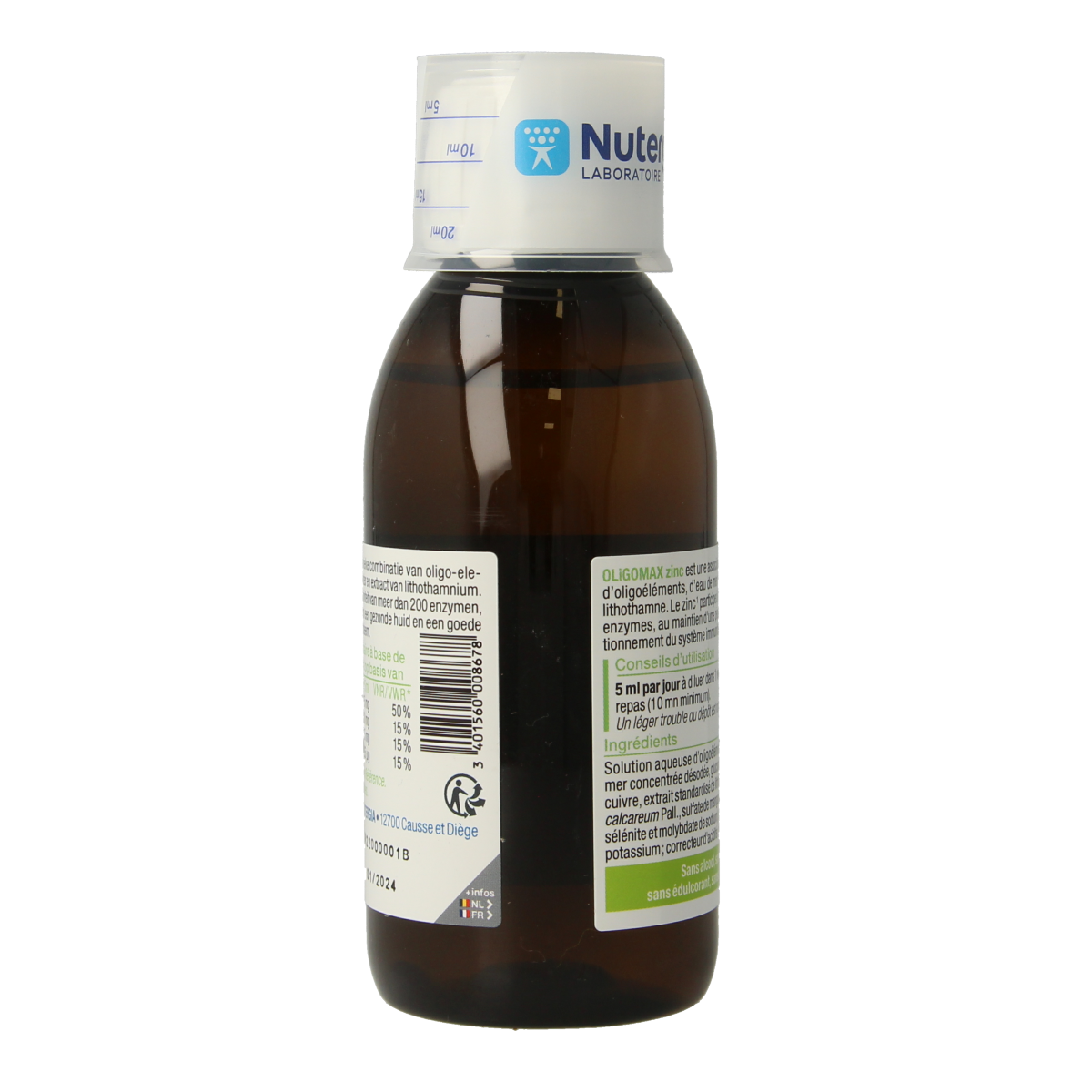 Nutergia Oligomax Zink mineral supplement bottle, 150ml, with label displaying product details and brand logo.