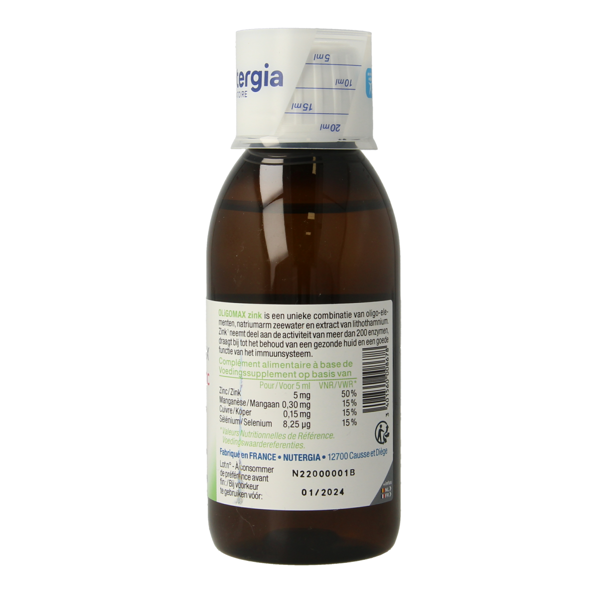 Nutergia Oligomax zinc mineral supplement bottle, 150ml, with label showing product details and brand logo.