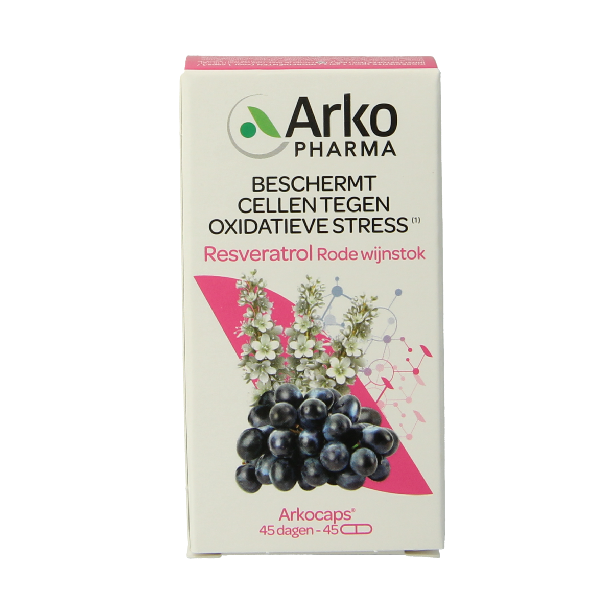 Arkocaps Resveratrol capsules in a bottle, dietary supplement from Arkocaps, part of herbal preparations, with 45 capsules.