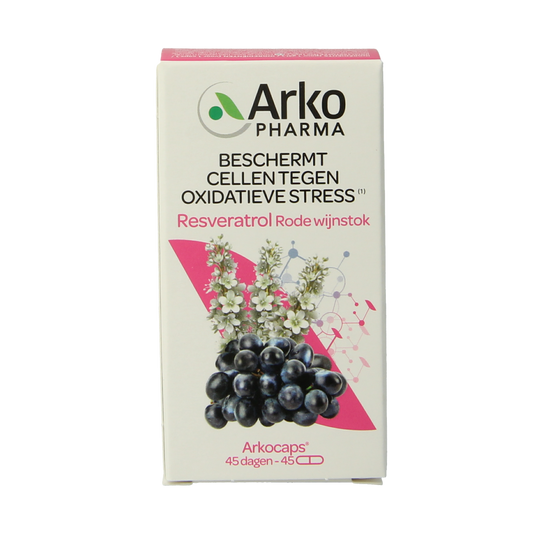 Arkocaps Resveratrol capsules in a bottle, dietary supplement from Arkocaps, part of herbal preparations, with 45 capsules.