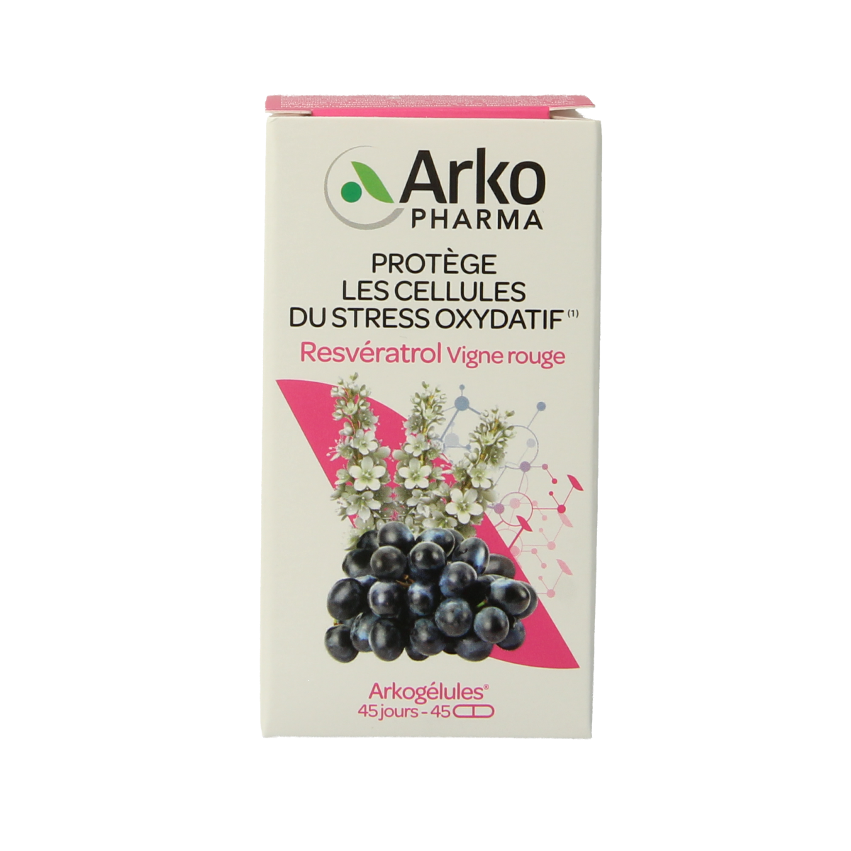 Arkocaps Resveratrol capsules in a bottle, dietary supplement by Arkocaps, herbal preparation for health support.