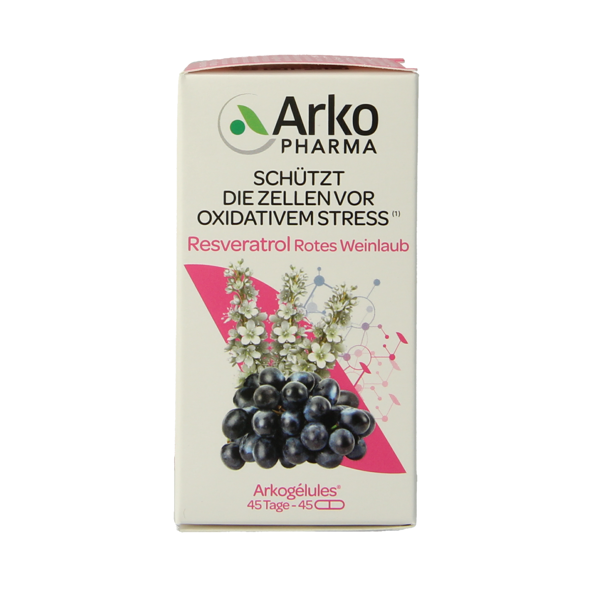 Arkocaps Resveratrol herbal supplement capsules in a bottle, part of Kruidenpreparaten by Arkocaps.