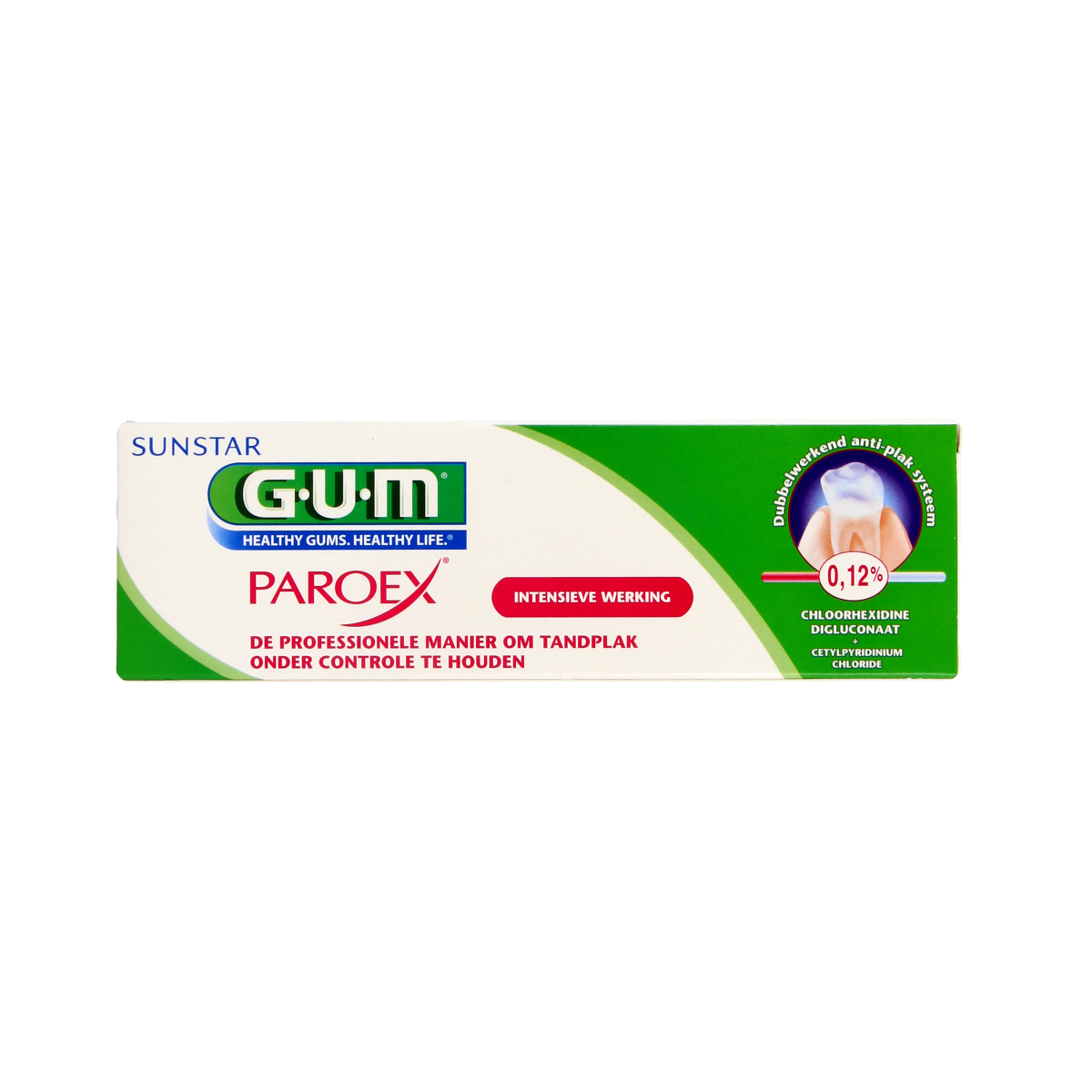 GUM Paroex toothpaste 75ml tube showing the white and green packaging for oral hygiene and gum care.