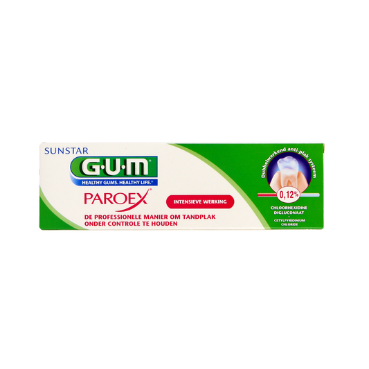 GUM Paroex toothpaste 75ml tube showing the white and green packaging for oral hygiene and gum care.
