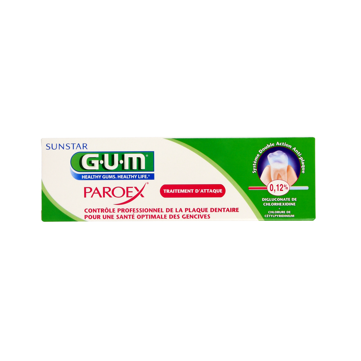 GUM Paroex toothpaste 75ml tube with white and green packaging, designed for oral hygiene and gum health.