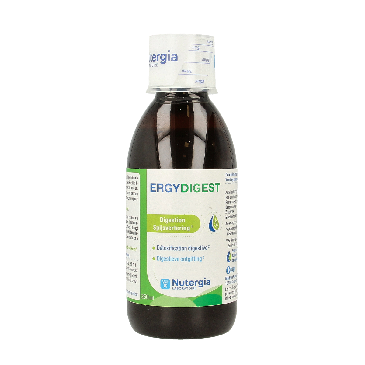 Nutergia Ergydigest herbal supplement bottle with 250ml label and cap, displayed on a plain background.