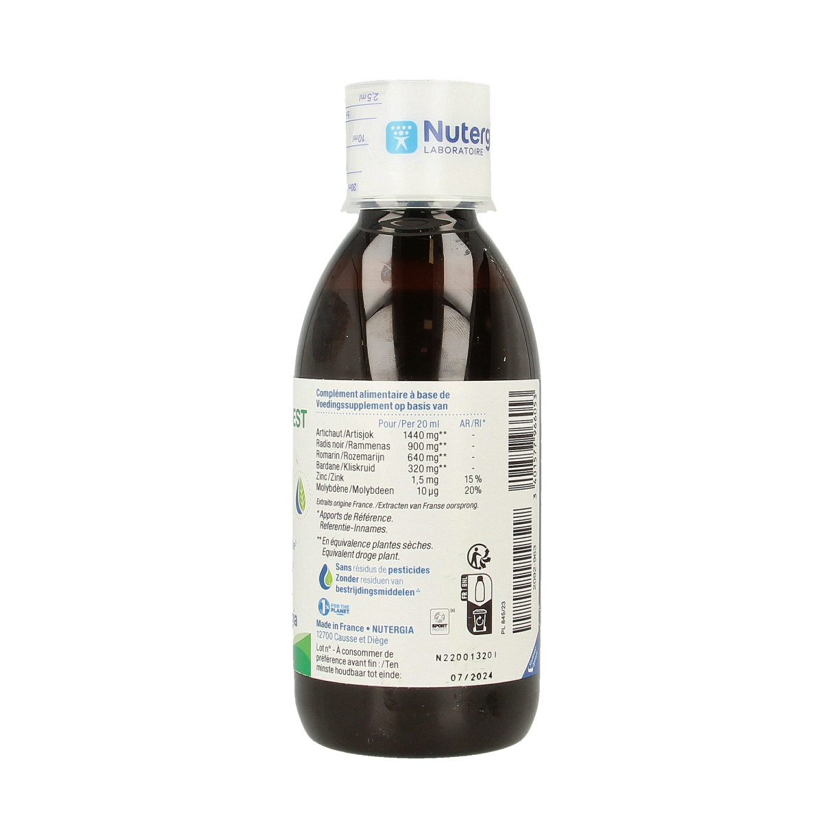 Nutergia Ergydigest herbal supplement bottle, 250ml, featuring herbal ingredients in a clear container with a white label.