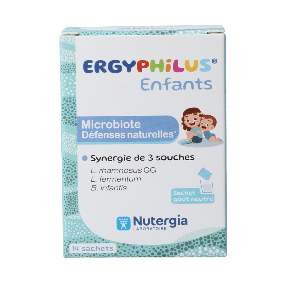 Nutergia Ergyphilus kinderen probiotic sachets with micro-organisms for children's digestive health, shown in packaging.