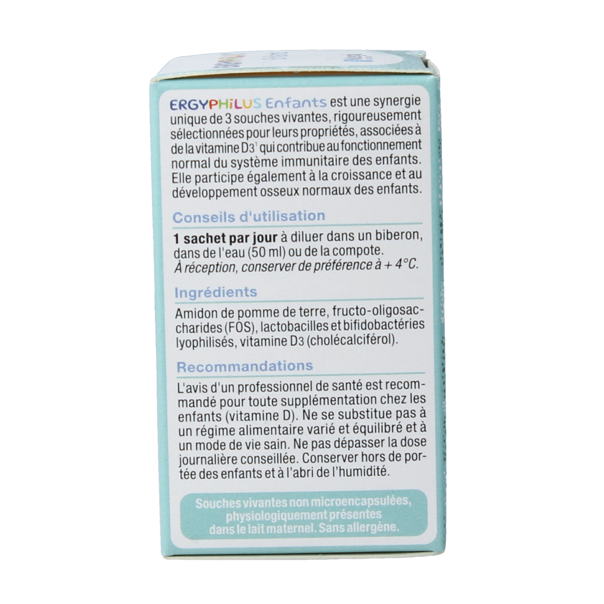 Nutergia Ergyphilus kinderen sachets with micro-organisms for children, in a colorful box, dietary supplement for digestive health