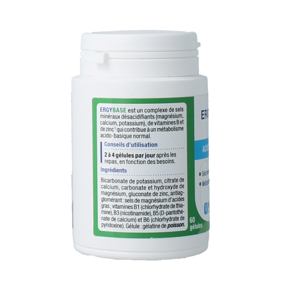 Bottle of Nutergia Ergybase mineral multivitamin capsules with 60 capsules in a clear container.