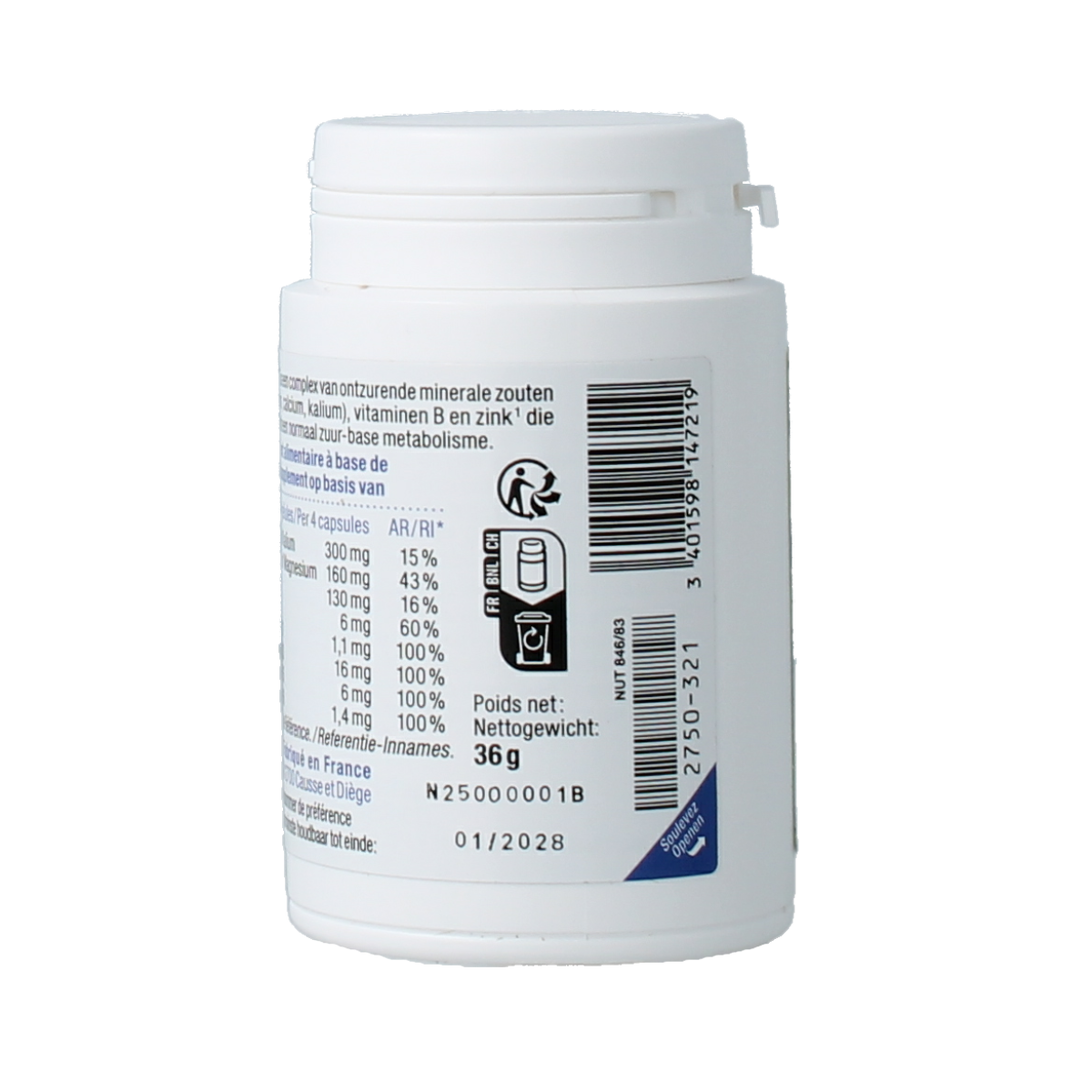 Nutergia Ergybase mineral multivitamin capsules in a white bottle with a label showing product details.