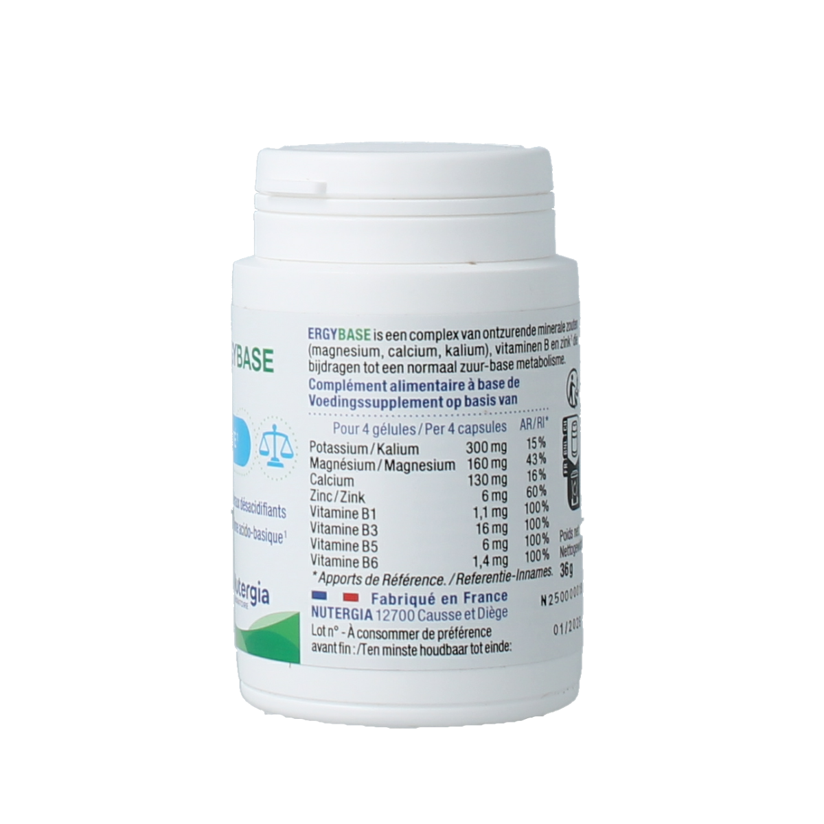 Nutergia Ergybase mineral multivitamin capsules in a clear bottle, showing the white capsules inside the container.