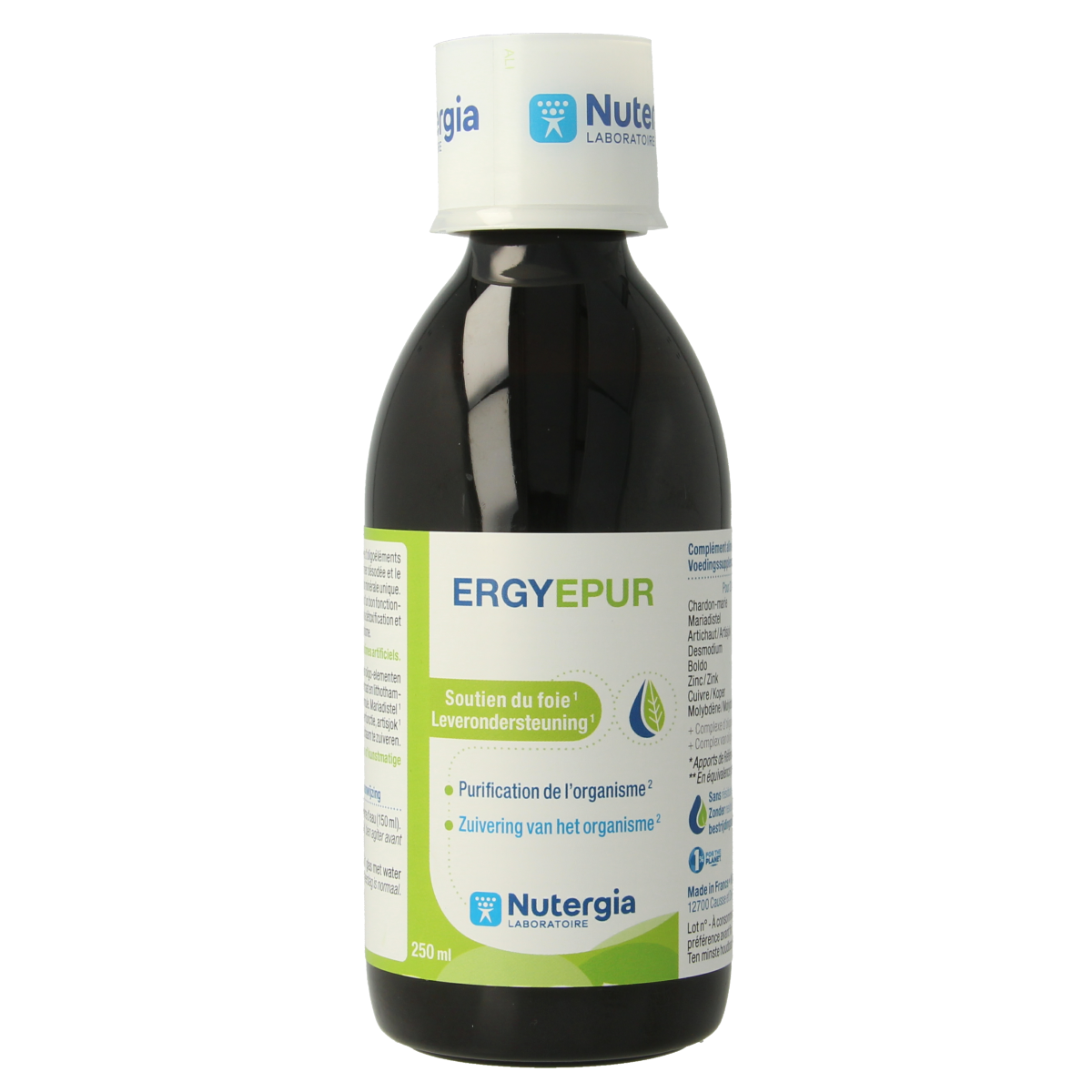 Nutergia Ergyepur herbal supplement bottle with 250ml capacity, featuring a white label and green accents on the packaging.