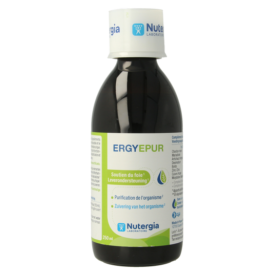 Nutergia Ergyepur herbal supplement bottle with 250ml capacity, featuring a white label and green accents on the packaging.