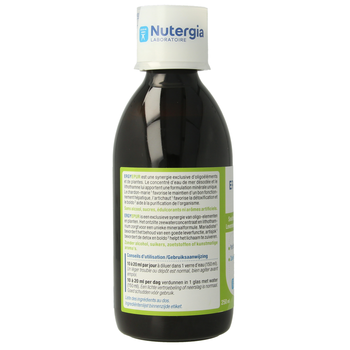 Nutergia Ergyepur herbal supplement bottle, 250ml, with herbal ingredients and label visible in the image.