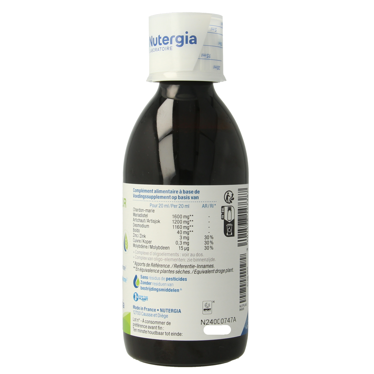 Bottle of Nutergia Ergyepur herbal supplement in 250ml bottle, with label showing product details and brand logo.